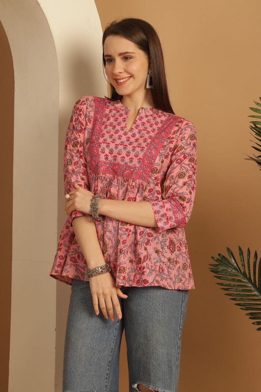 Pink Floral Pure Cotton Printed Western Top Western Top Shopin Di Apparels