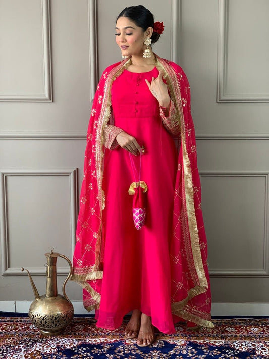 Pink Georgette Gown with Embroidered Dupatta and Silk Pant Ready Made Designer Suits Shopin Di Apparels