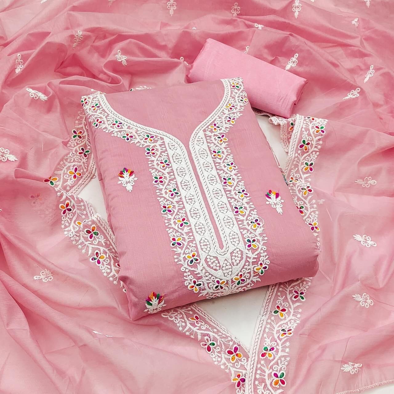 Pink Heavy Chanderi Neck Embroidery Dress Material Dress Material Shopin Di Apparels