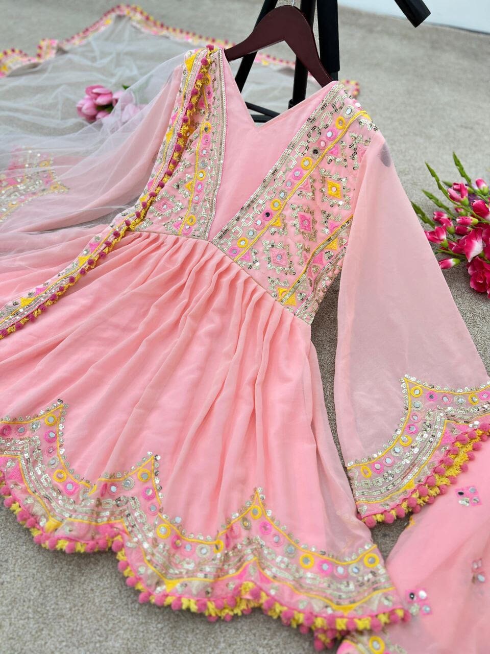 Pink Heavy Faux Georgette Fancy Wear Plazzo Suit Ready Made Designer Suits Shopindiapparels.com