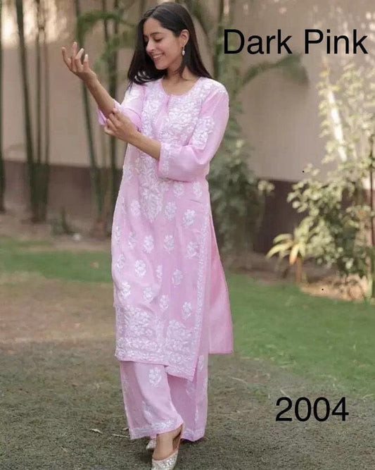 Pink Heavy Rayon Chikankari Embroidered Kurti and Plazzo Set Kurti with Plazzo Shopin Di Apparels