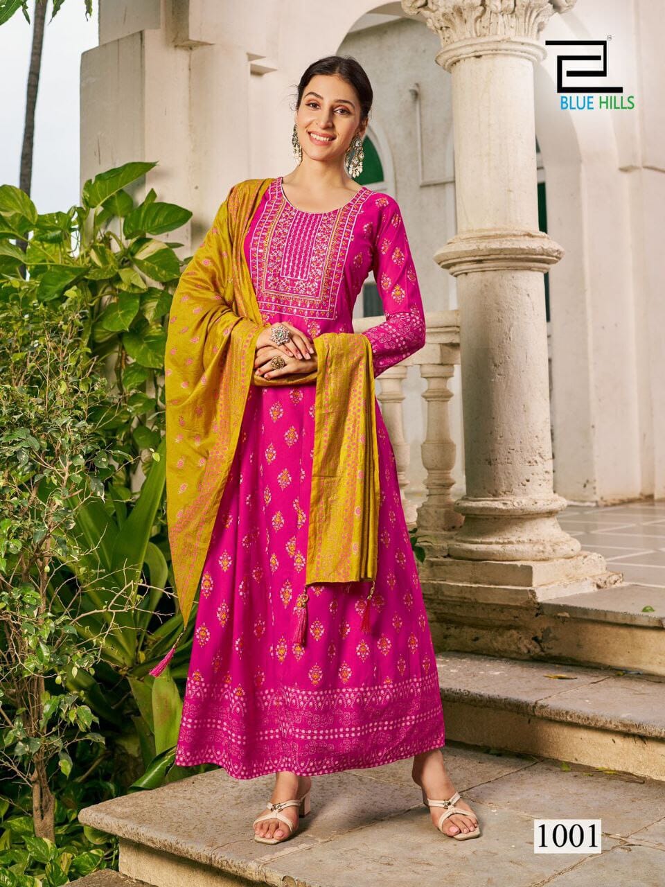 Pink Long Gown with Dupatta concept & Multi Color Combination Print and Embroidery Work Gown with Dupatta Shopin Di Apparels