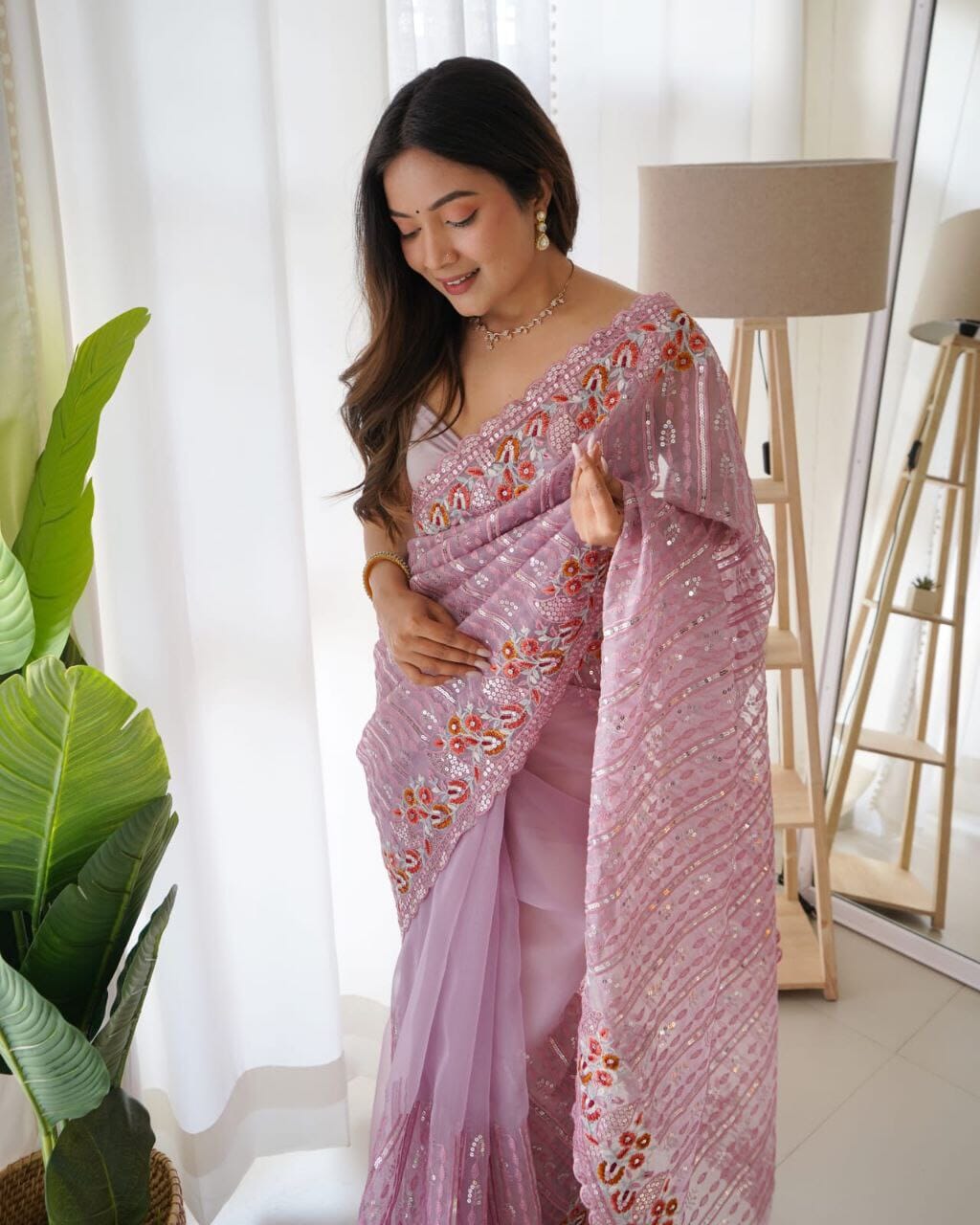 Pink Organza Silk Saree with Sequence Work and Embroidery Designer Saree Shopin Di Apparels