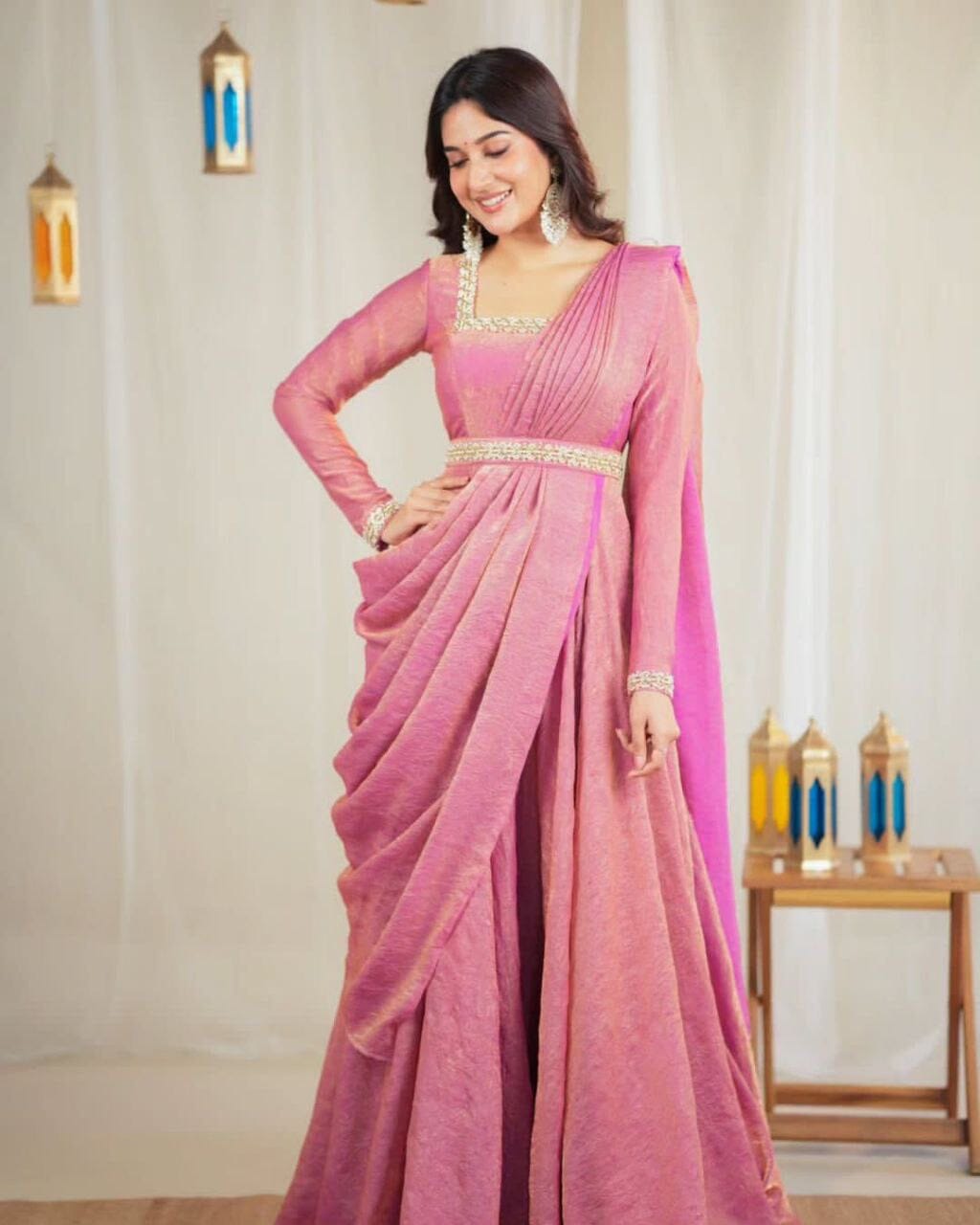Pink Premium Gold Crush Handwork Gown with Dupatta Gown with Dupatta Shopin Di Apparels