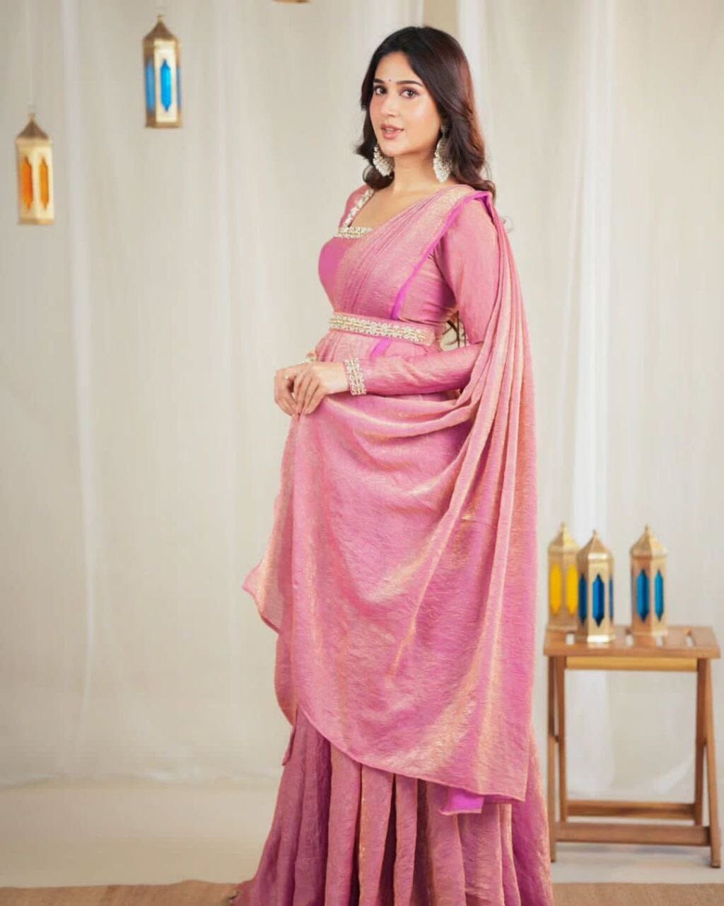 Pink Premium Gold Crush Handwork Gown with Dupatta Gown with Dupatta Shopin Di Apparels
