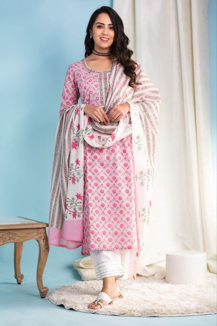 Pink Printed Cotton Designer Kurti with Dupatta and Bottom Kurti with Dupatta and Bottom Shopin Di Apparels