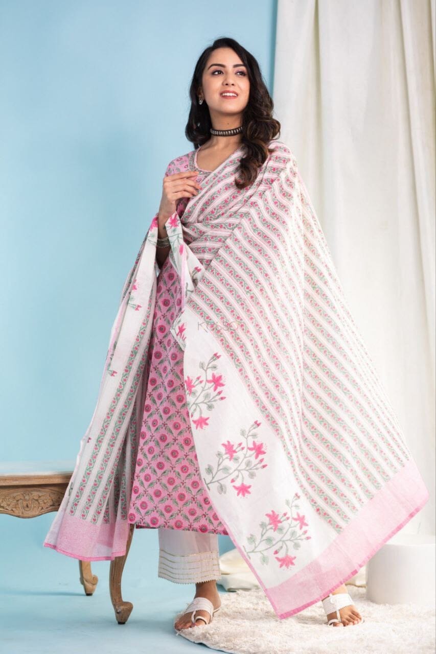 Pink Printed Cotton Designer Kurti with Dupatta and Bottom Kurti with Dupatta and Bottom Shopin Di Apparels