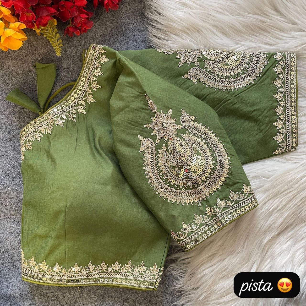 Pista Green Heavy Pure Roman Silk Embroidered Sequence Work Readymade Blouse Shopin Di Apparels
