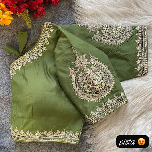 Pista Green Heavy Pure Roman Silk Embroidered Sequence Work Readymade Blouse Shopin Di Apparels