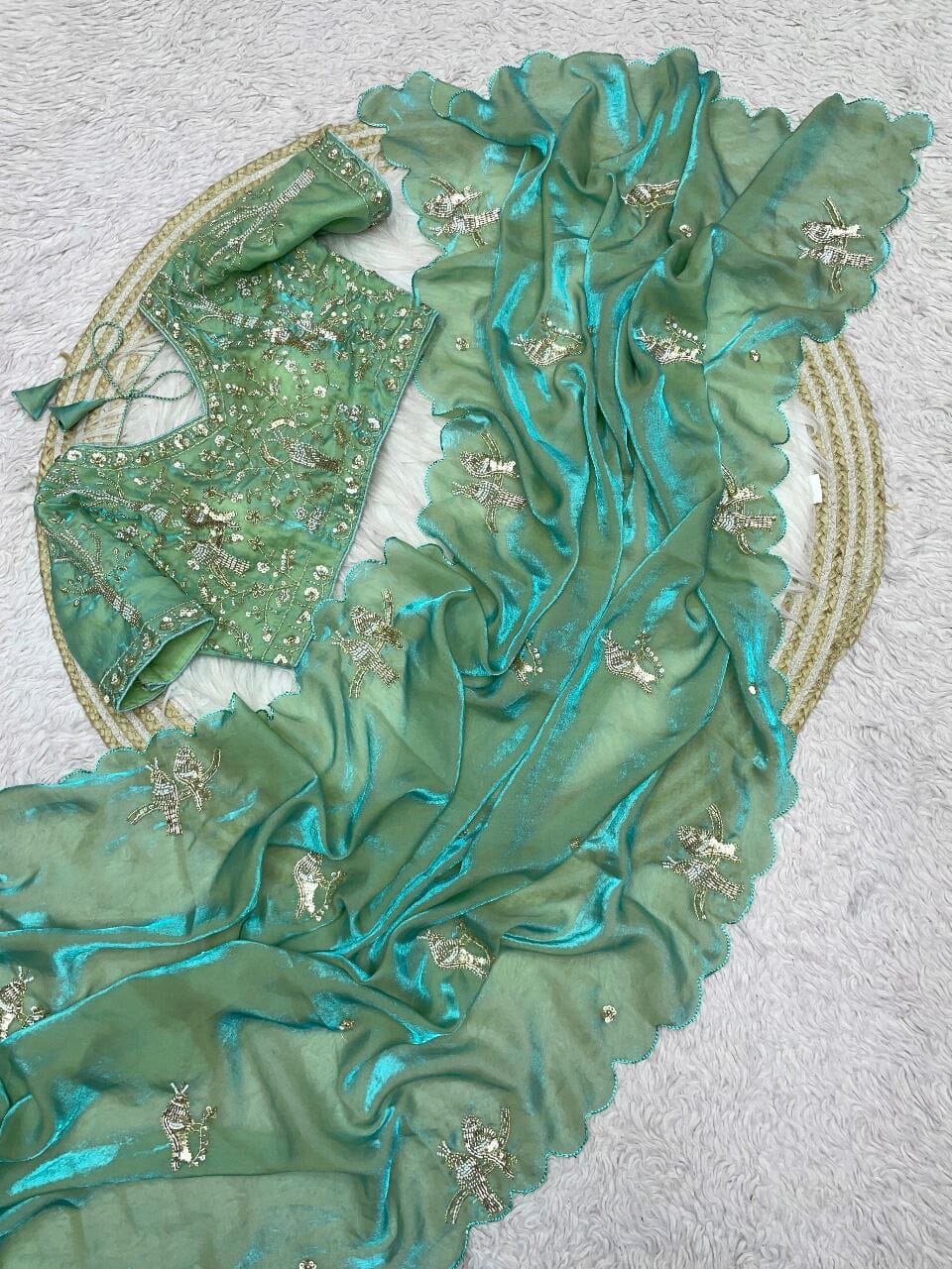 Pista Satin Silk Designer Saree with Ready Made Handwork Blouse Designer saree Shopin Di Apparels