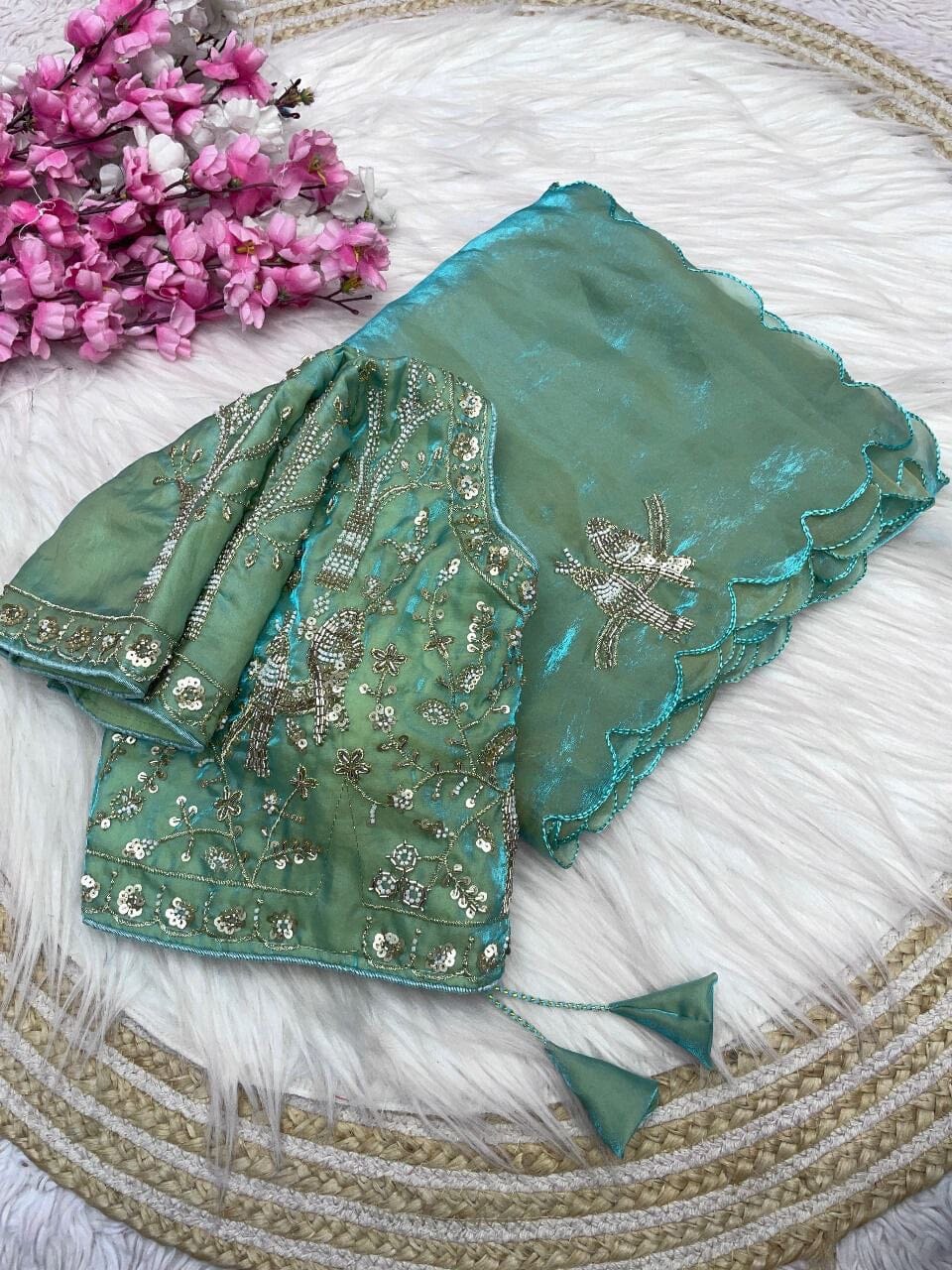 Pista Satin Silk Designer Saree with Ready Made Handwork Blouse Designer saree Shopin Di Apparels