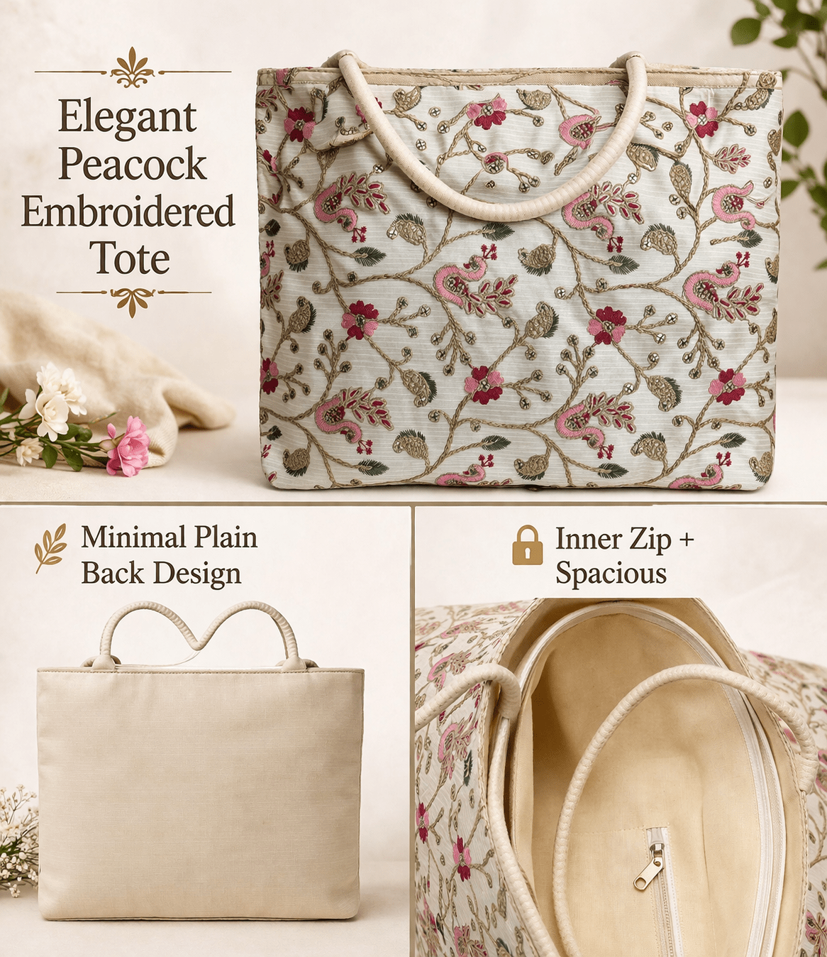 đ¸ Premium Peacock Embroidered Tote Bag đ¸ Shopin Di Apparels