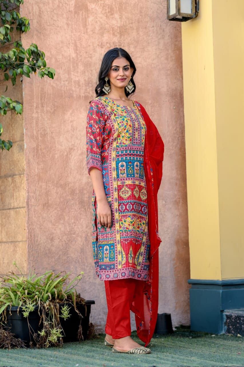 Printed Maslin with Full Sequence Work Kurta with Dupatta and pants Shopin Di Apparels