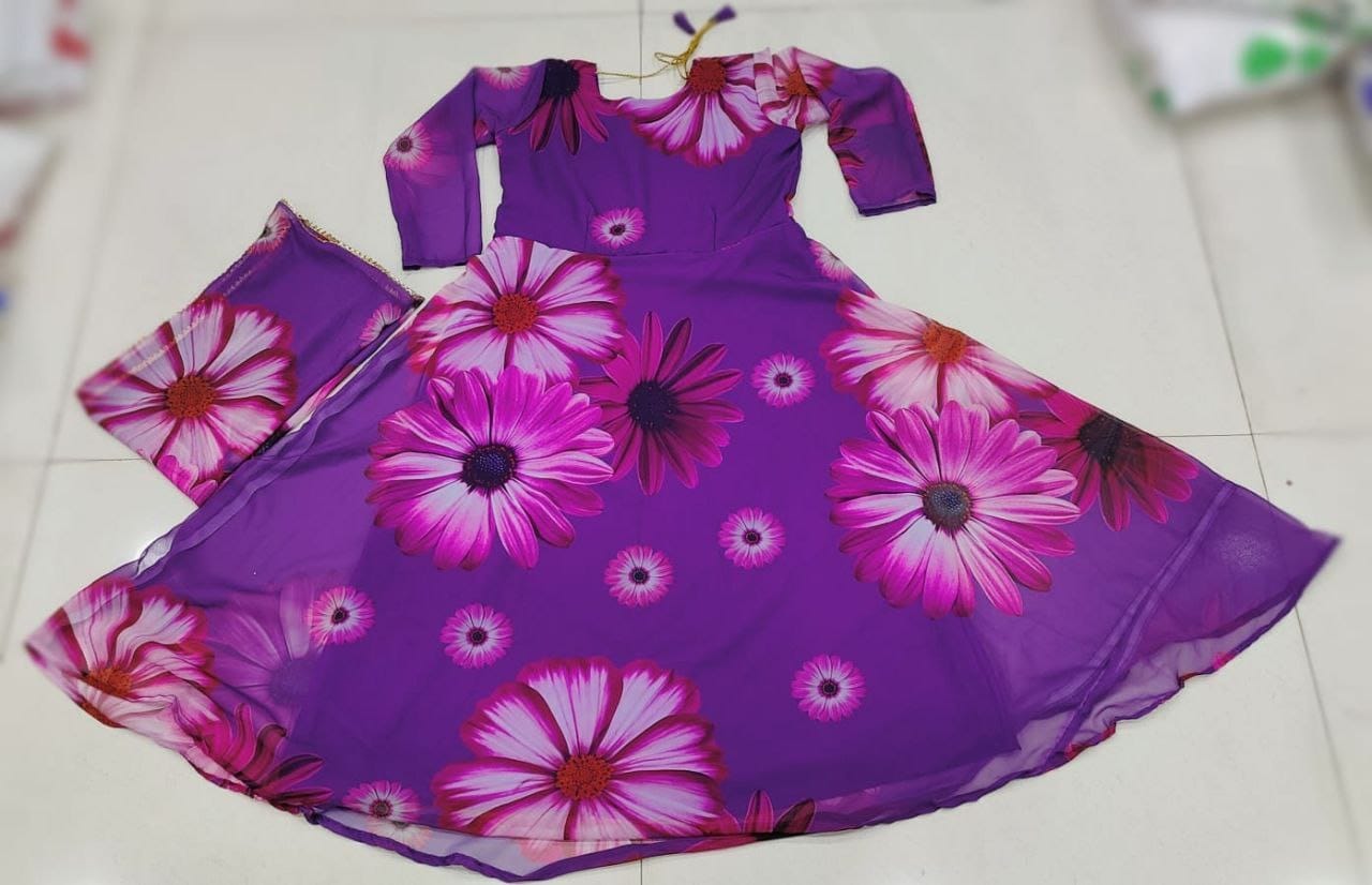 Purple Big Flower Floral Printed Georgette Gown with Dupatta Gown with Dupatta Shopin Di Apparels