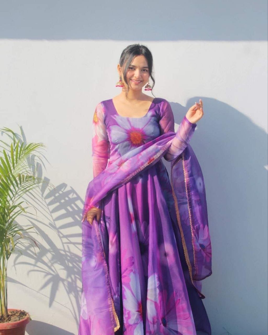 Purple Big Flower Floral Printed Georgette Gown with Dupatta Gown with Dupatta Shopin Di Apparels