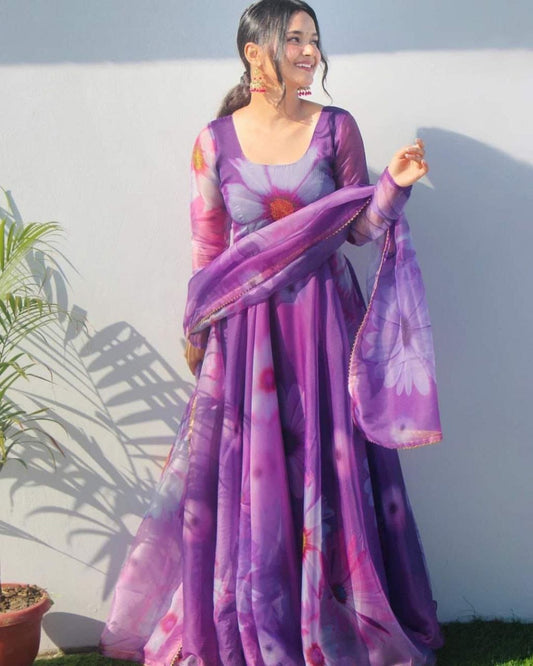 Purple Big Flower Floral Printed Georgette Gown with Dupatta Gown with Dupatta Shopin Di Apparels