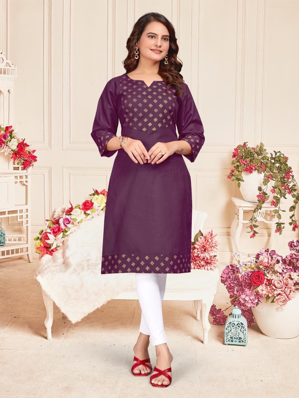 Purple Cotton Kurti with Foil Print Kurti Shopin Di Apparels