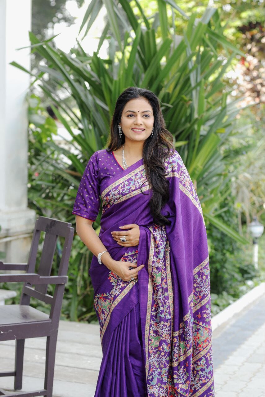 Purple Dola Silk saree With Mill Foil Print Silk Saree Shopin Di Apparels