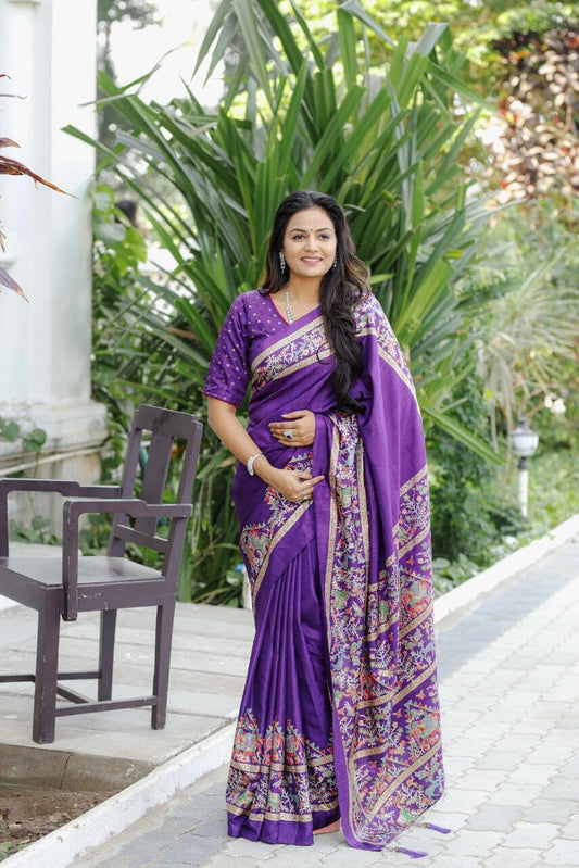 Purple Dola Silk saree With Mill Foil Print Silk Saree Shopin Di Apparels