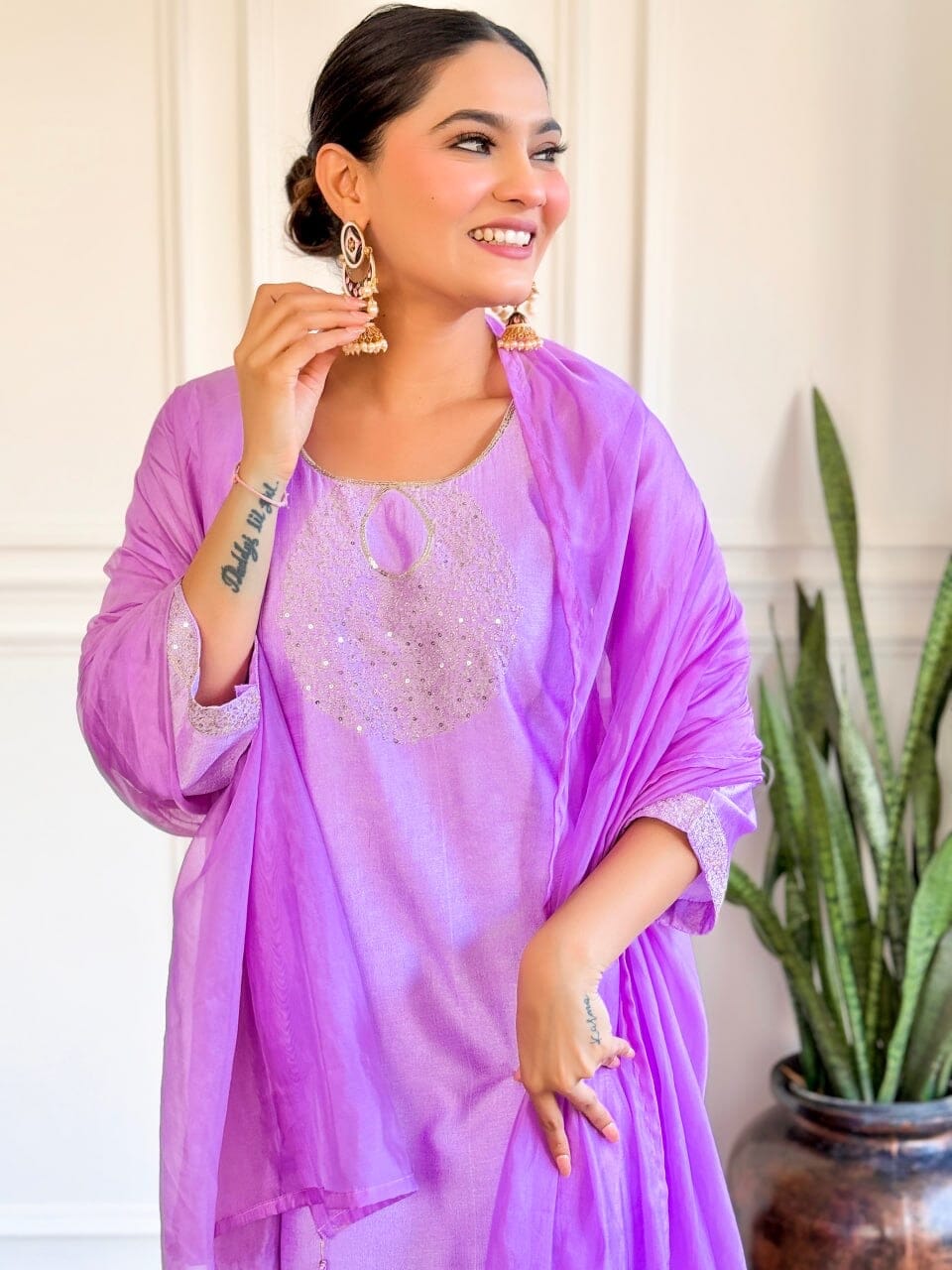 Purple Embroidered Chanderi Top with Chanderi Dupatta and Pant set Kurti with Bottom and Dupatta Shopin Di Apparels