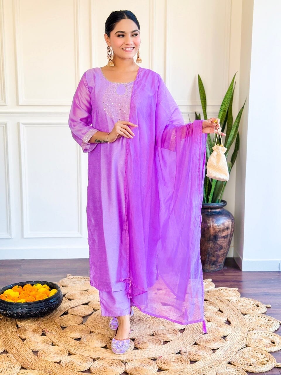 Purple Embroidered Chanderi Top with Chanderi Dupatta and Pant set Kurti with Bottom and Dupatta Shopin Di Apparels