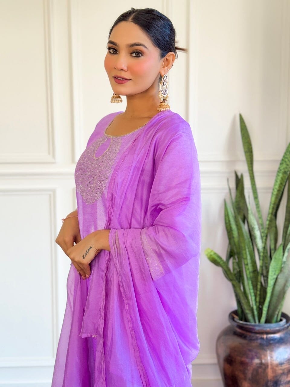 Purple Embroidered Chanderi Top with Chanderi Dupatta and Pant set Kurti with Bottom and Dupatta Shopin Di Apparels