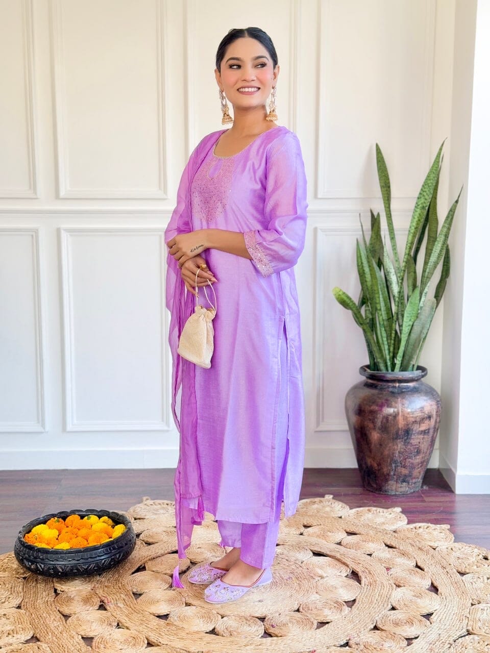 Purple Embroidered Chanderi Top with Chanderi Dupatta and Pant set Kurti with Bottom and Dupatta Shopin Di Apparels