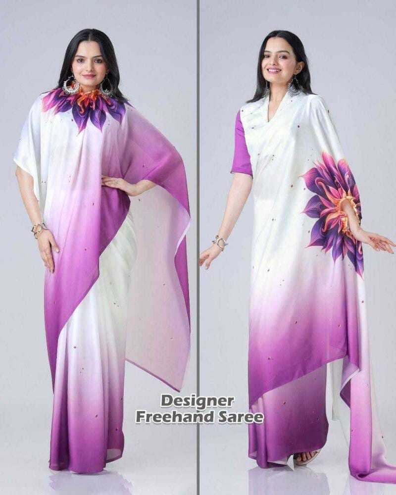 Purple Flower Kc 888 Digital Printed Crepe Silk Ready to Wear Saree Ready to Wear Saree Shopin Di Apparels