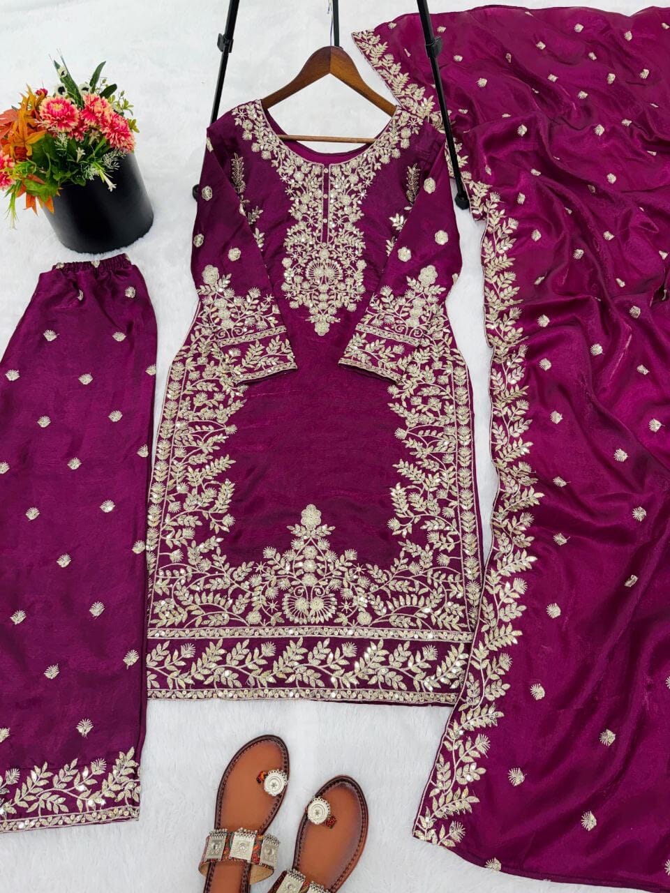 Purple Heavy Embroidery Sequence Work Palazzo Designer Suit Ready to Wear Designer Suits Shopin Di Apparels