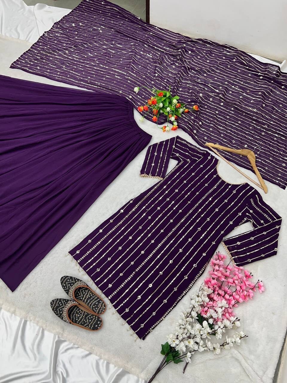 Purple Heavy Faux Georgette With Heavy Embroidery Sequence Plazzo Suit Designer Suits Shopin Di Apparels
