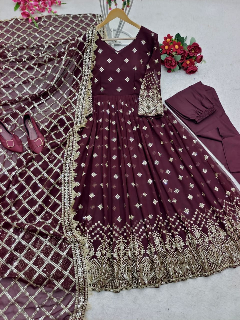 Purple Heavy Fox Georgette Sequence Work Designer Gown with Dupatta and Pant Designer Suits Shopin Di Apparels