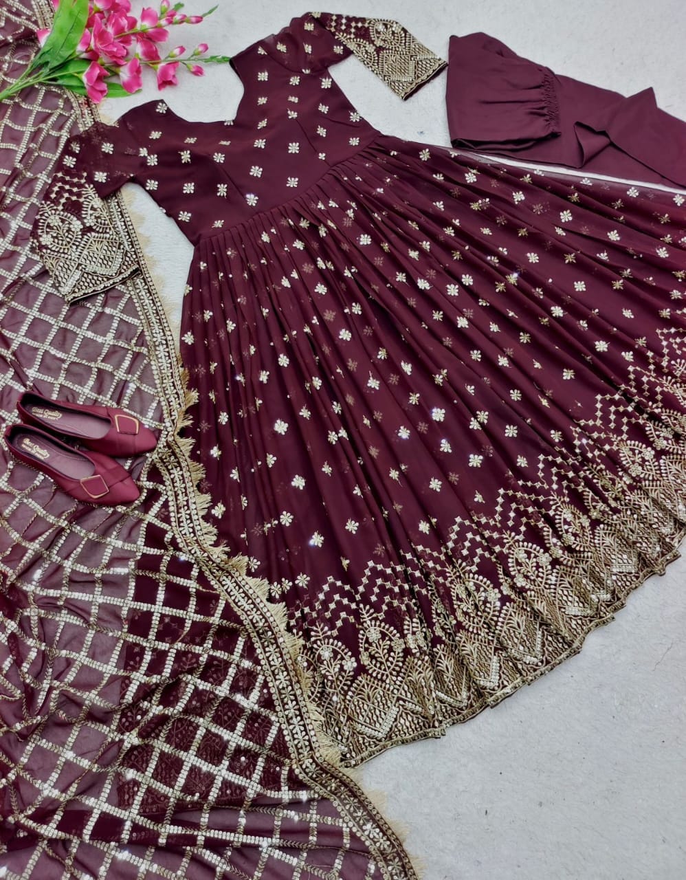 Purple Heavy Fox Georgette Sequence Work Designer Gown with Dupatta and Pant Designer Suits Shopin Di Apparels