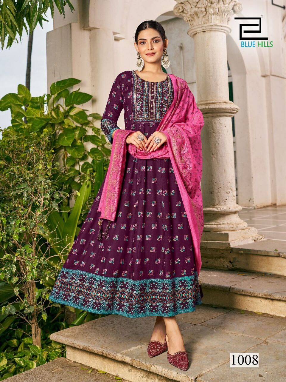 Purple Long Gown with Dupatta concept & Multi Color Combination Print and Embroidery Work Gown with Dupatta Shopin Di Apparels