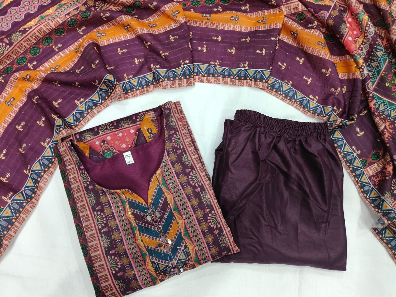 Purple Multicoloured print with Embroidered Kurti with Dupatta and Pant Set Kurti with Bottom and Dupatta Shopin Di Apparels