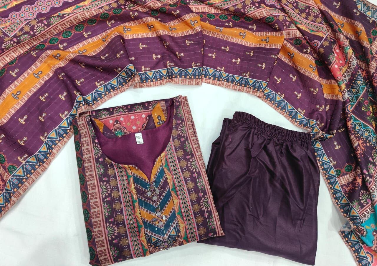 Purple Multicoloured print with Embroidered Kurti with Dupatta and Pant Set Kurti with Bottom and Dupatta Shopin Di Apparels