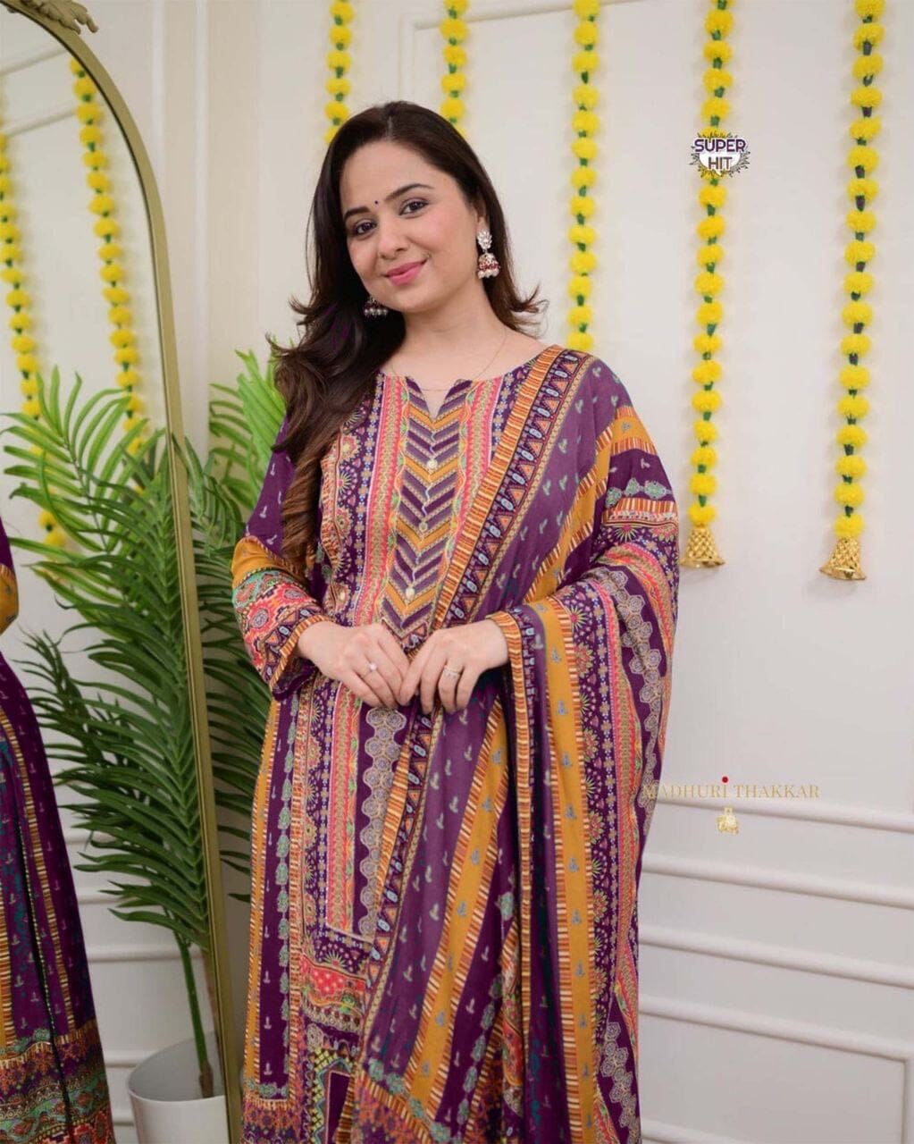 Purple Multicoloured print with Embroidered Kurti with Dupatta and Pant Set Kurti with Bottom and Dupatta Shopin Di Apparels