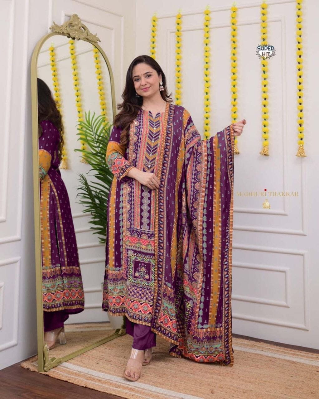 Purple Multicoloured print with Embroidered Kurti with Dupatta and Pant Set Kurti with Bottom and Dupatta Shopin Di Apparels