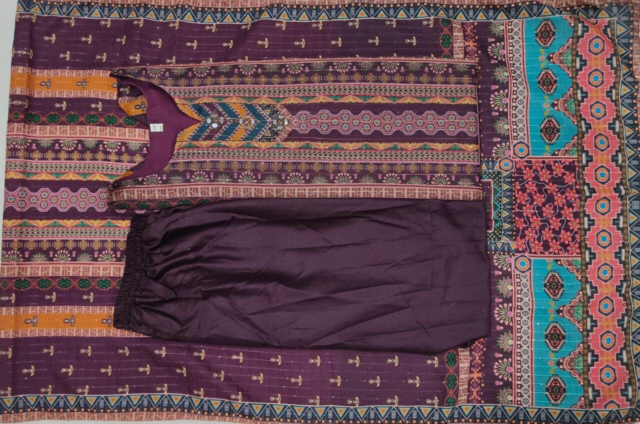 Purple Multicoloured print with Embroidered Kurti with Dupatta and Pant Set Kurti with Bottom and Dupatta Shopin Di Apparels