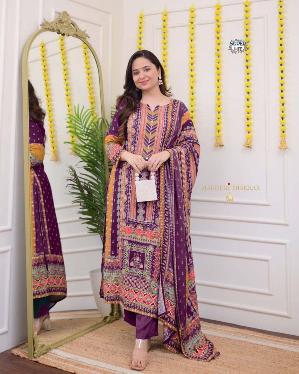 Purple Multicoloured print with Embroidered Kurti with Dupatta and Pant Set Kurti with Bottom and Dupatta Shopin Di Apparels