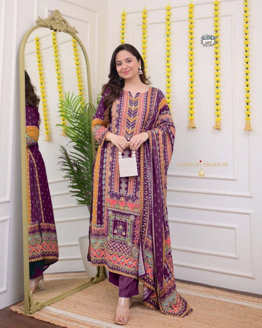 Purple Multicoloured print with Embroidered Kurti with Dupatta and Pant Set Kurti with Bottom and Dupatta Shopin Di Apparels