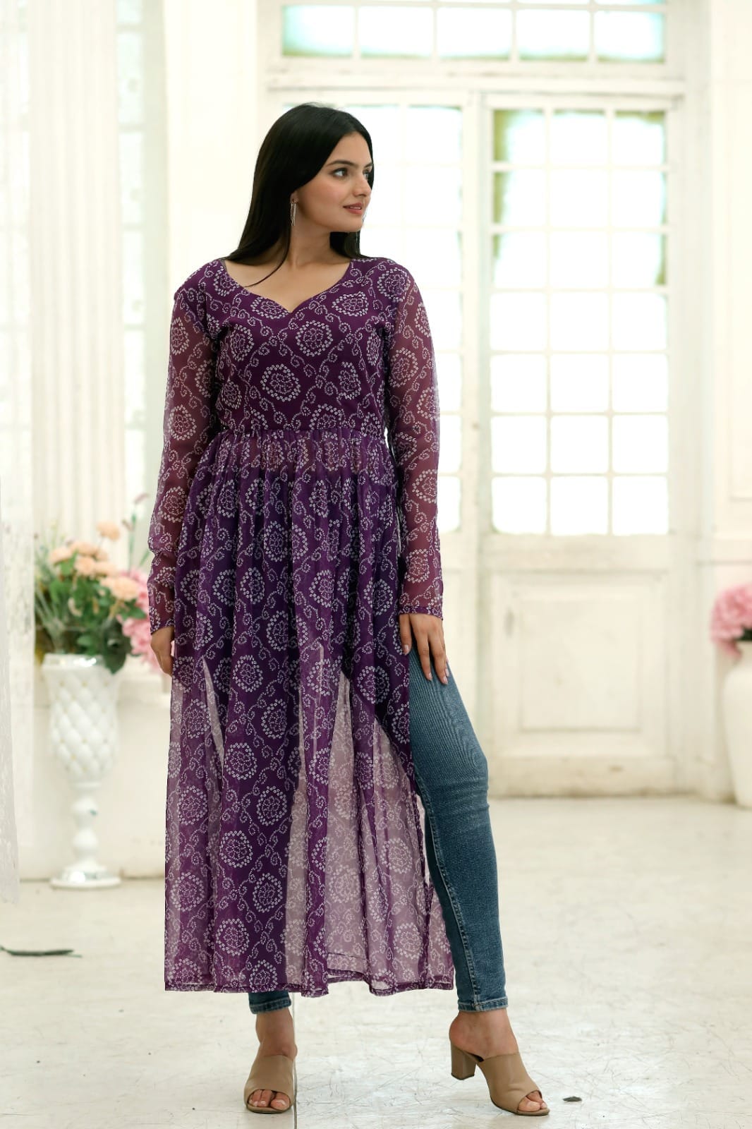 Purple Nayra Cut Long Georgette Bandhej Digital Print Kurti Kurti Shopin Di Apparels