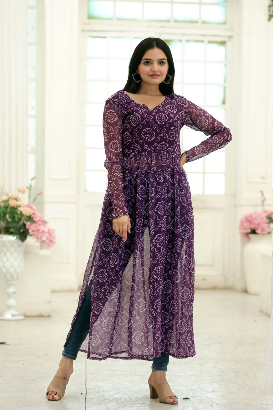 Purple Nayra Cut Long Georgette Bandhej Digital Print Kurti Kurti Shopin Di Apparels