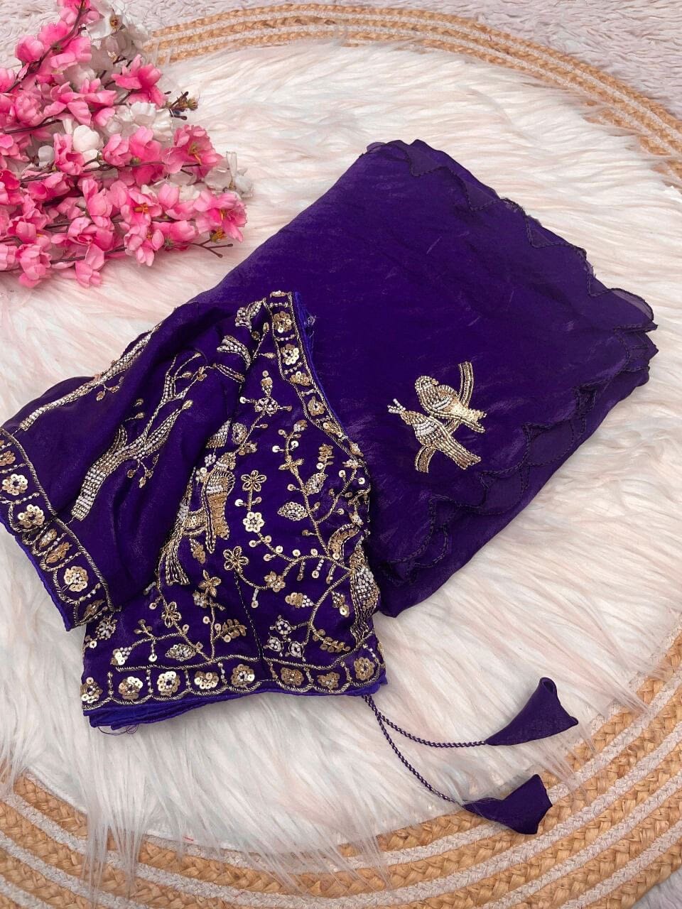 Purple Pure Satin Silk Designer Saree with Ready Made Handwork Blouse Designer saree Shopin Di Apparels