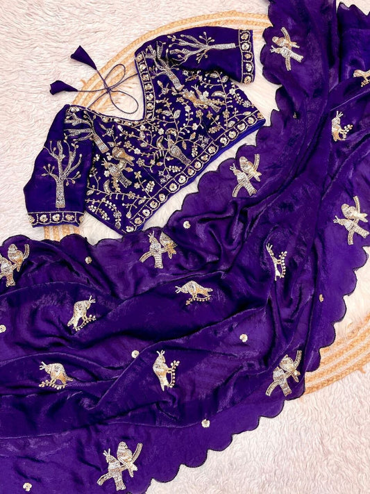 Purple Pure Satin Silk Designer Saree with Ready Made Handwork Blouse Designer saree Shopin Di Apparels