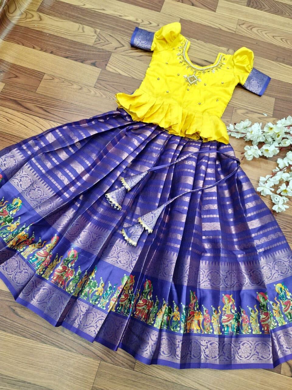 Purple Yellow Kota Doriya Silk Kid's Lehenga Festival Wear Pavadai Sattai Kid's Lehenga Shopindiapparels.com