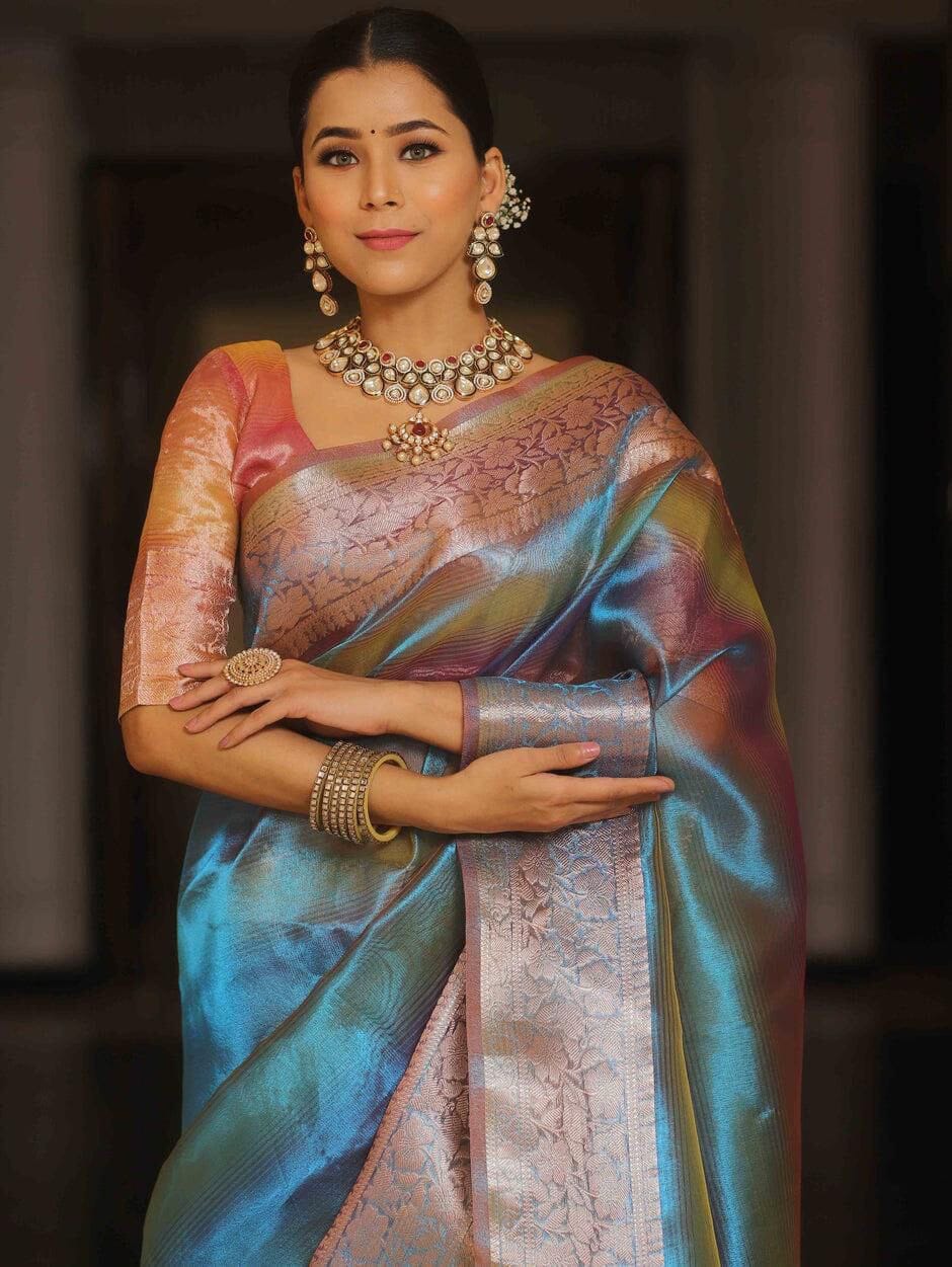 Rainbow Shine Beautiful Polyester Jacquard Border Tissue Silk Saree Designer Saree Shopin Di Apparels