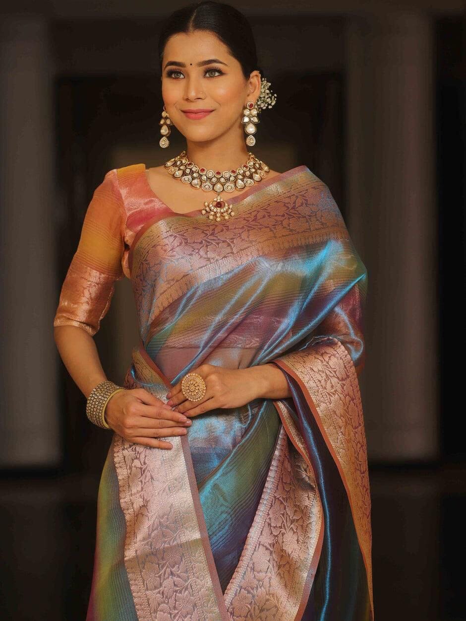 Rainbow Shine Beautiful Polyester Jacquard Border Tissue Silk Saree Designer Saree Shopin Di Apparels