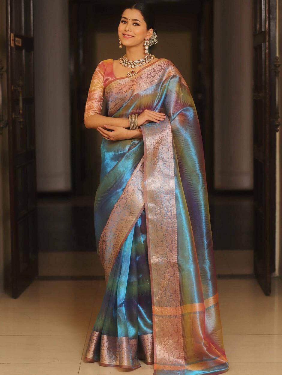 Rainbow Shine Beautiful Polyester Jacquard Border Tissue Silk Saree Designer Saree Shopin Di Apparels