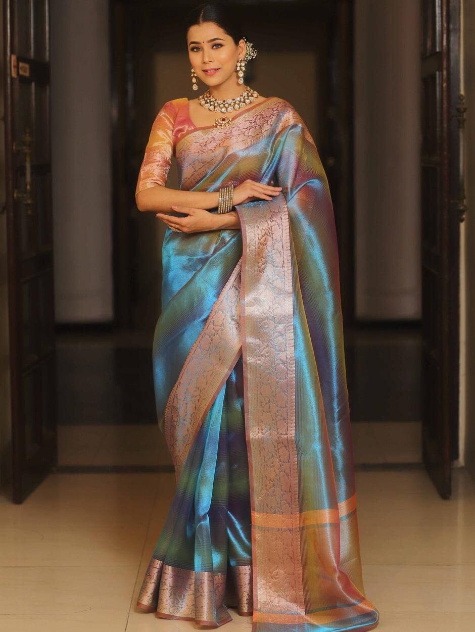 Rainbow Shine Beautiful Polyester Jacquard Border Tissue Silk Saree Designer Saree Shopin Di Apparels