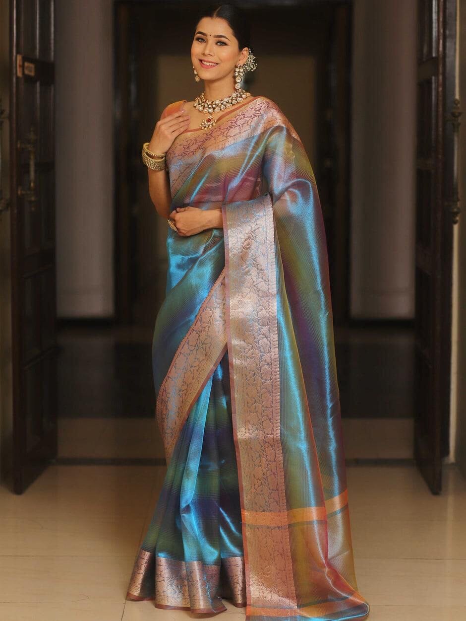 Rainbow Shine Beautiful Polyester Jacquard Border Tissue Silk Saree Designer Saree Shopin Di Apparels
